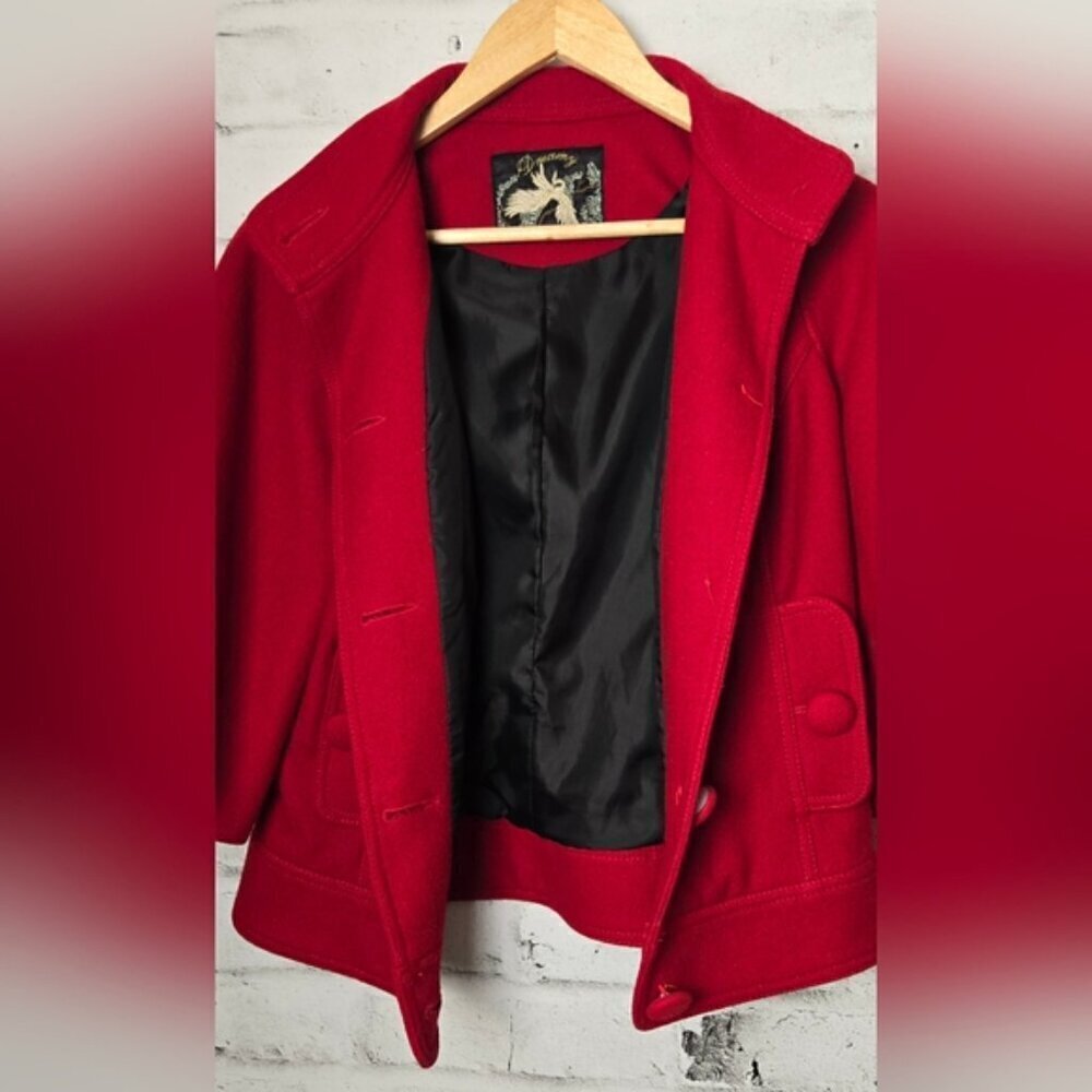 Dreamy Red Wool Pea Coat with Flare ¾ Sleeves - Picture 8 of 13